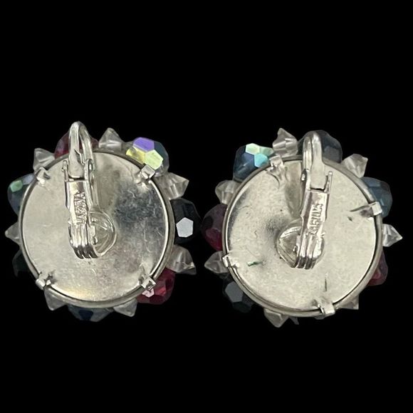 Signed Laguna AB Crystal Beaded Clip On Earrings Silver Tone Vintage Estate - Picture 5 of 6